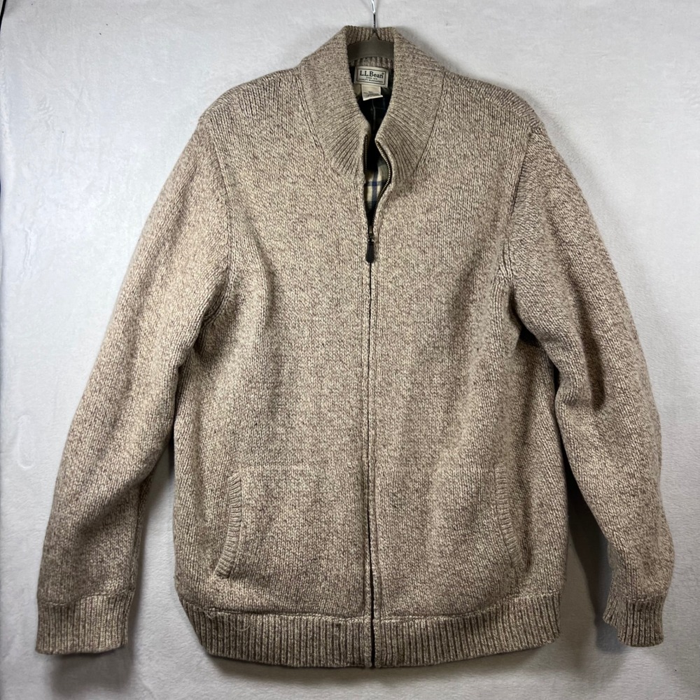 LL Bean Mens XL Lambswool Full Zip Cardigan Sweater Flannel Lined Oatmeal Tan